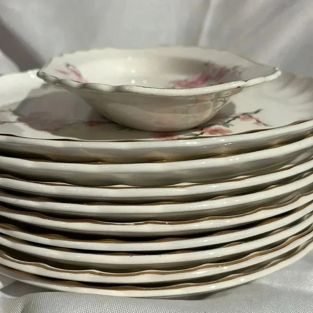 Vintage W.S. George 22 Carat Gold Painted Plate Set of 10 Bolero Peach Blossom - Picture 7 of 7